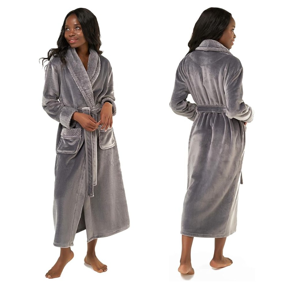 A fleece bathrobe for women lit in the evening